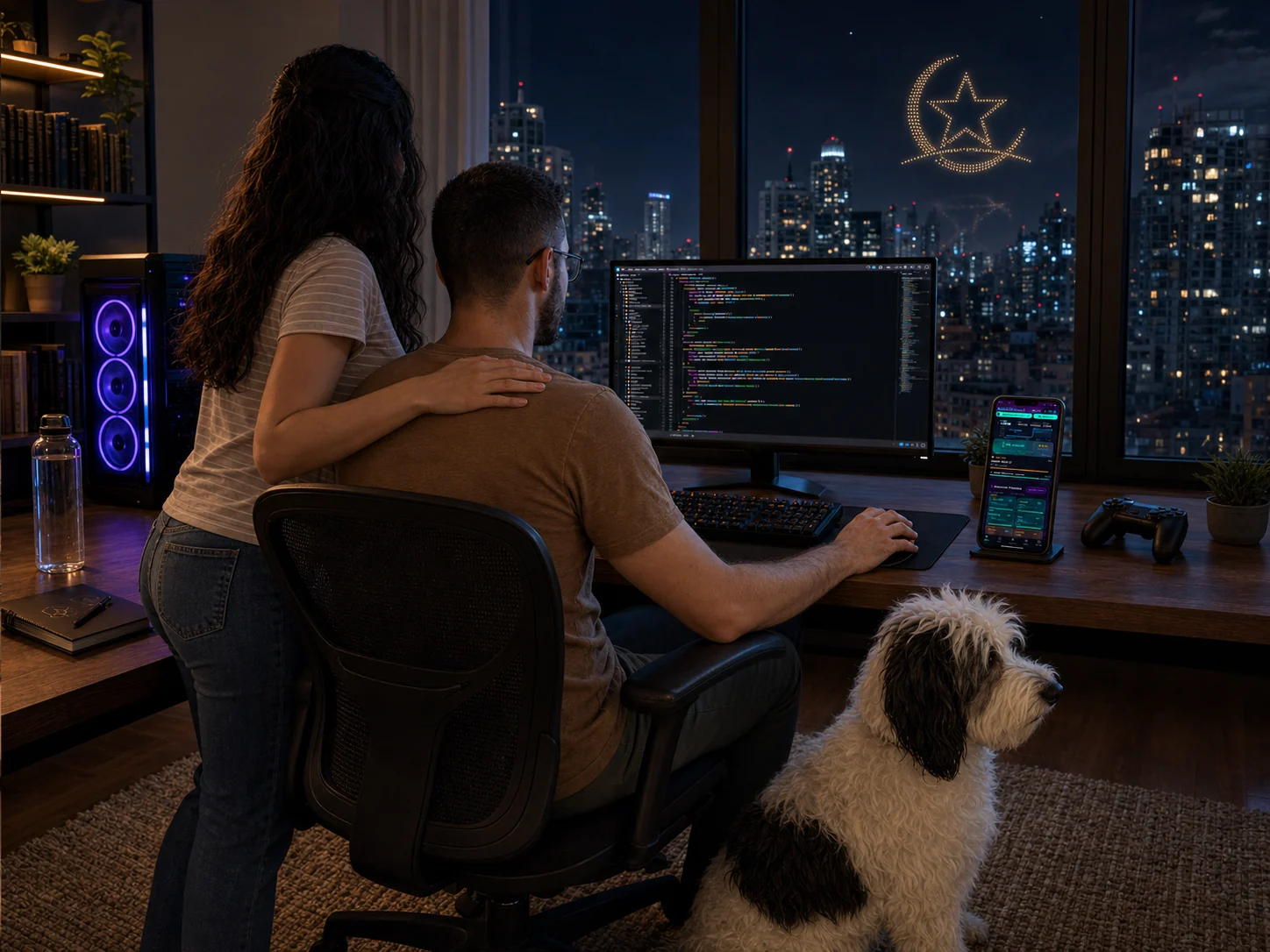 Indie game developer coding at night with his partner and dog beside him